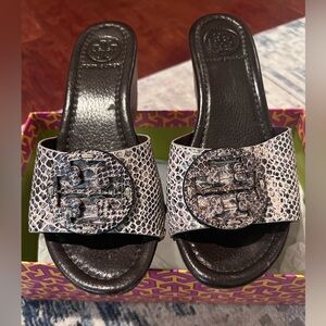 Tory Burch Brown and Gray Women's Snakeskin Slide Wedge Sandals